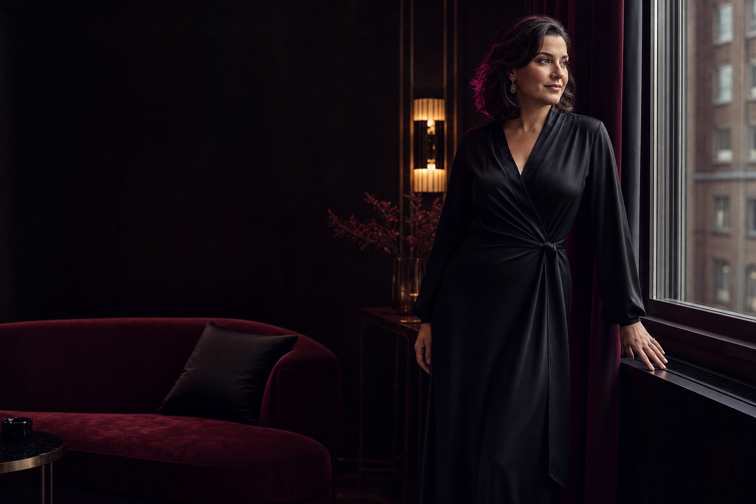 Elegant woman in a black silk dress beside a window